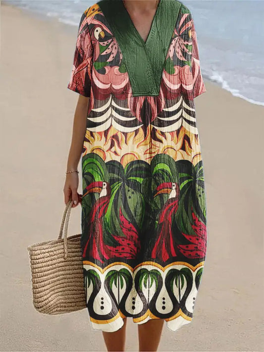 Women’s Copatucano Art Printed Cotton Linen V-Neck Short Sleeve Dress S