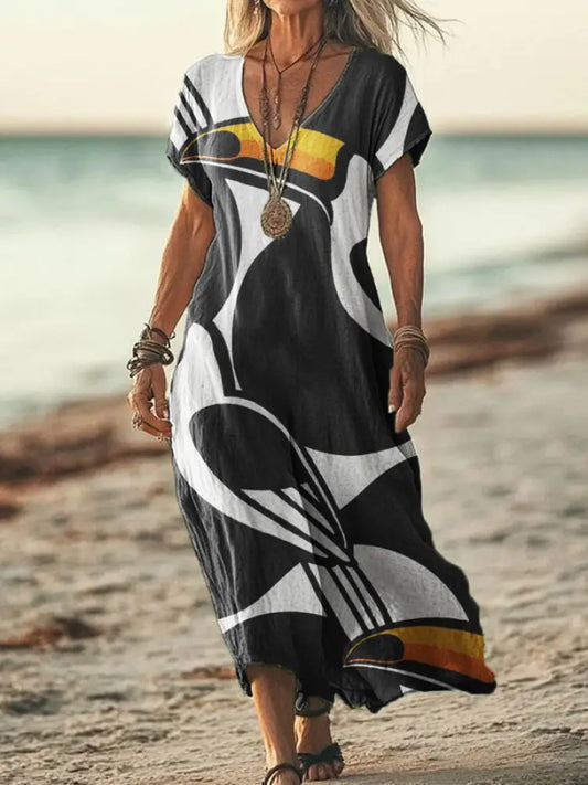 Women’s Copatucano Print Cotton Linen Short Sleeve Pocket Dress Black / S