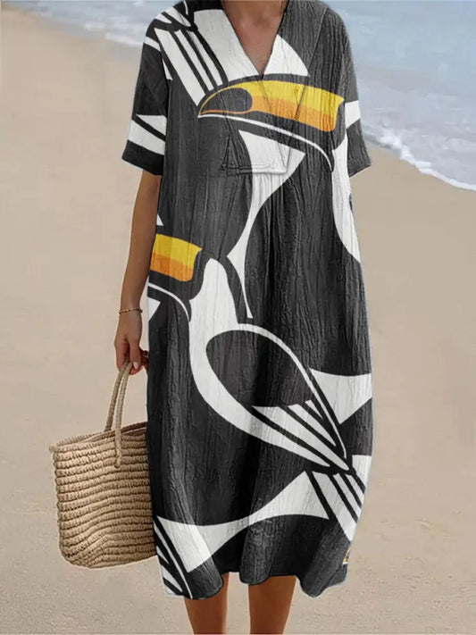 Women’s Copatucano Print Cotton Linen V-Neck Short Sleeve Dress Black / S