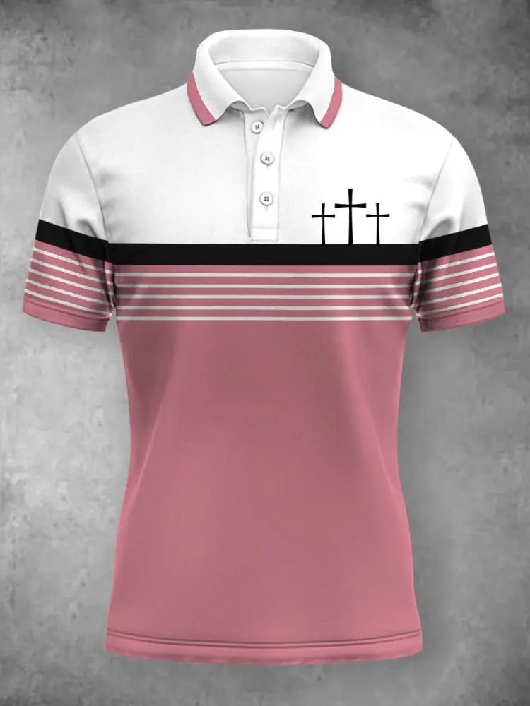 Women’s Cross Faith Stripes Print Casual Polo Pink / S