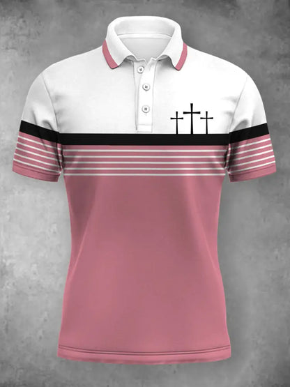 Women’s Cross Faith Stripes Print Casual Polo Pink / S
