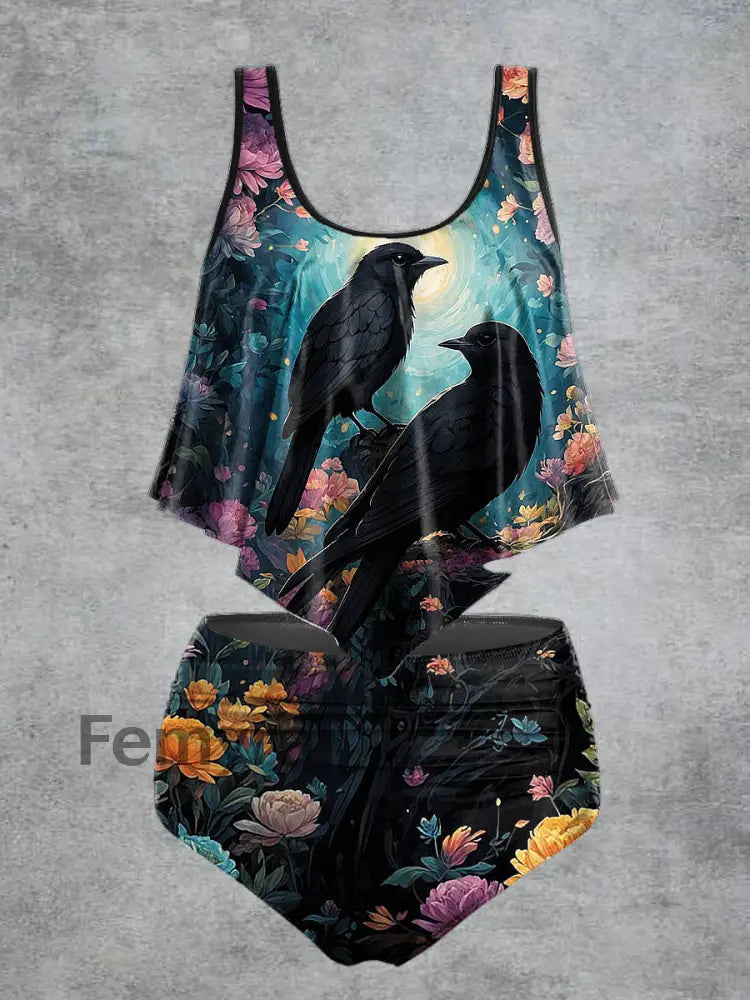 Women’s Crow Print High Waist Casual Swimsuit Two Piece Set Navy Blue / S
