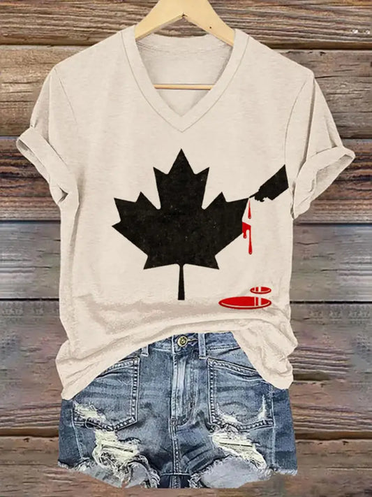 Women’s Don’t Mess With Canada Print V-Neck Short Sleeve T-Shirt Apricot / S