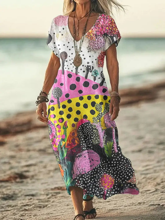 Women’s Dot Painting Art Print Cotton Linen V-Neck Short Sleeve Dress Colorful / S