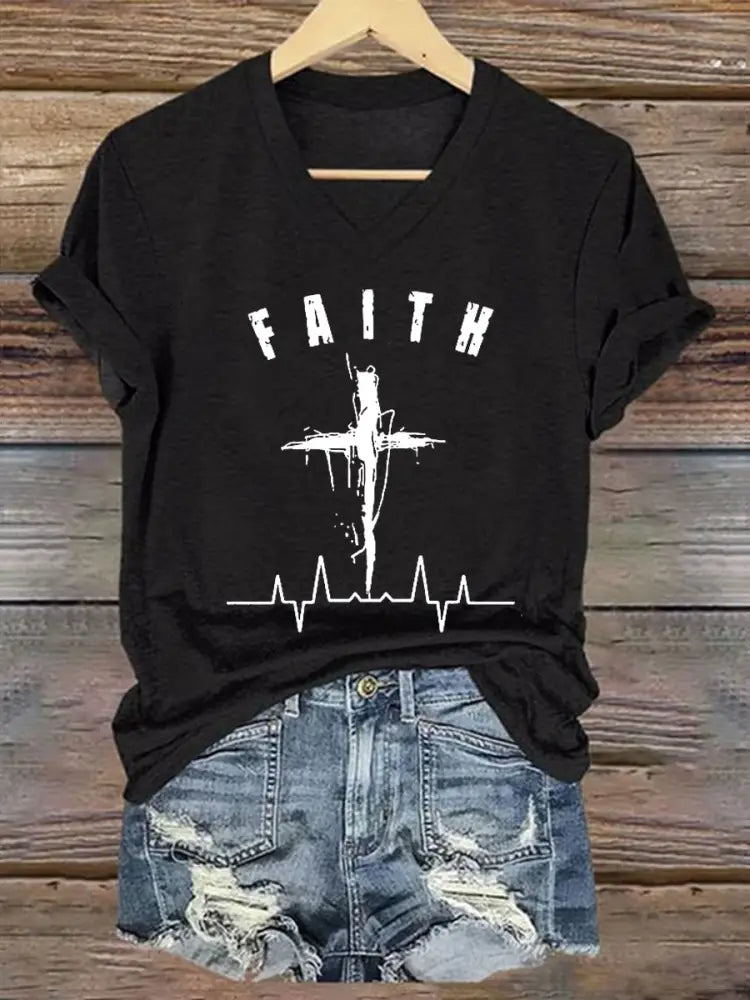 Women’s Faith Cross ECG Short Sleeve T-Shirt Black / S