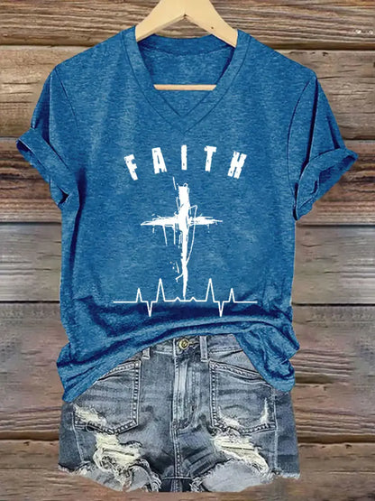 Women’s Faith Cross ECG Short Sleeve T-Shirt Blue / S
