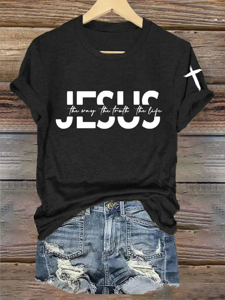 Women’s Faith Cross Jesus The Way The Truth The Life Printed Casual Short Sleeve T-Shirt Black / S