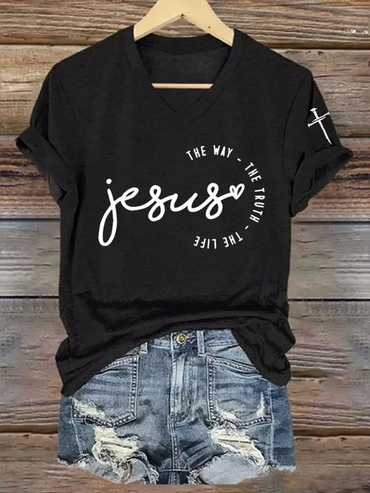 Women’s Faith Cross Jesus The Way The Truth The Life Printed Casual Short Sleeve T-Shirt Black / S