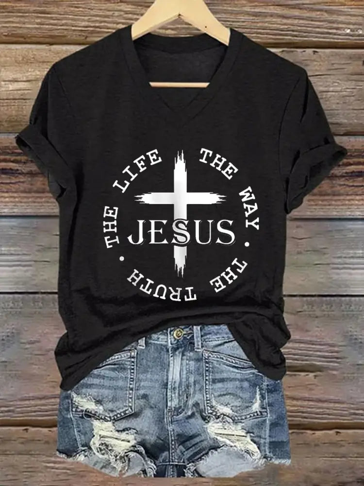 Women’s Faith Cross Jesus The Way The Truth The Life Printed Casual Short Sleeve T-Shirt Black / S