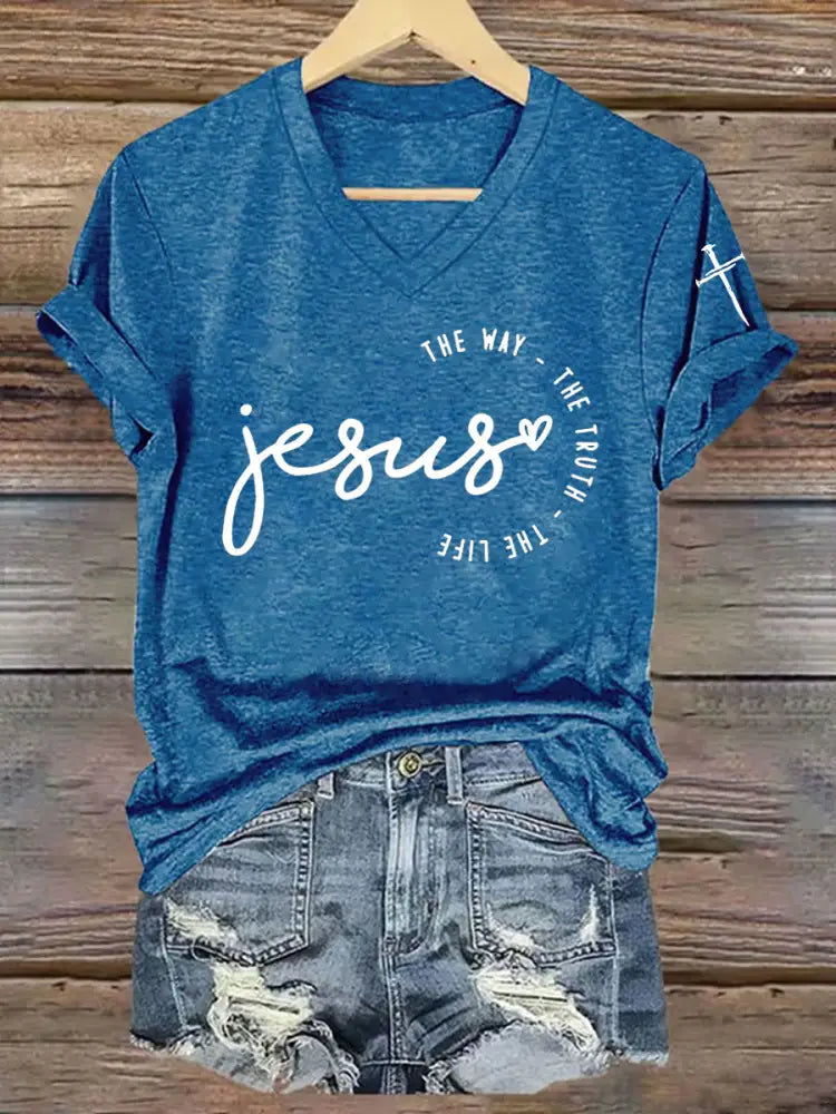 Women’s Faith Cross Jesus The Way The Truth The Life Printed Casual Short Sleeve T-Shirt Blue / S