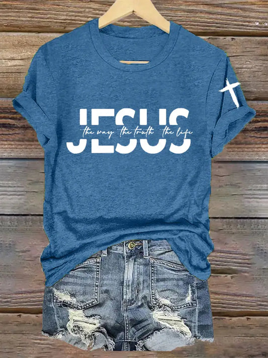 Women’s Faith Cross Jesus The Way The Truth The Life Printed Casual Short Sleeve T-Shirt Blue / S
