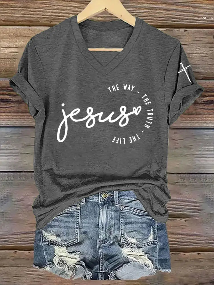 Women’s Faith Cross Jesus The Way The Truth The Life Printed Casual Short Sleeve T-Shirt Dark Gray / S