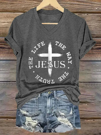 Women’s Faith Cross Jesus The Way The Truth The Life Printed Casual Short Sleeve T-Shirt Dark Gray / S
