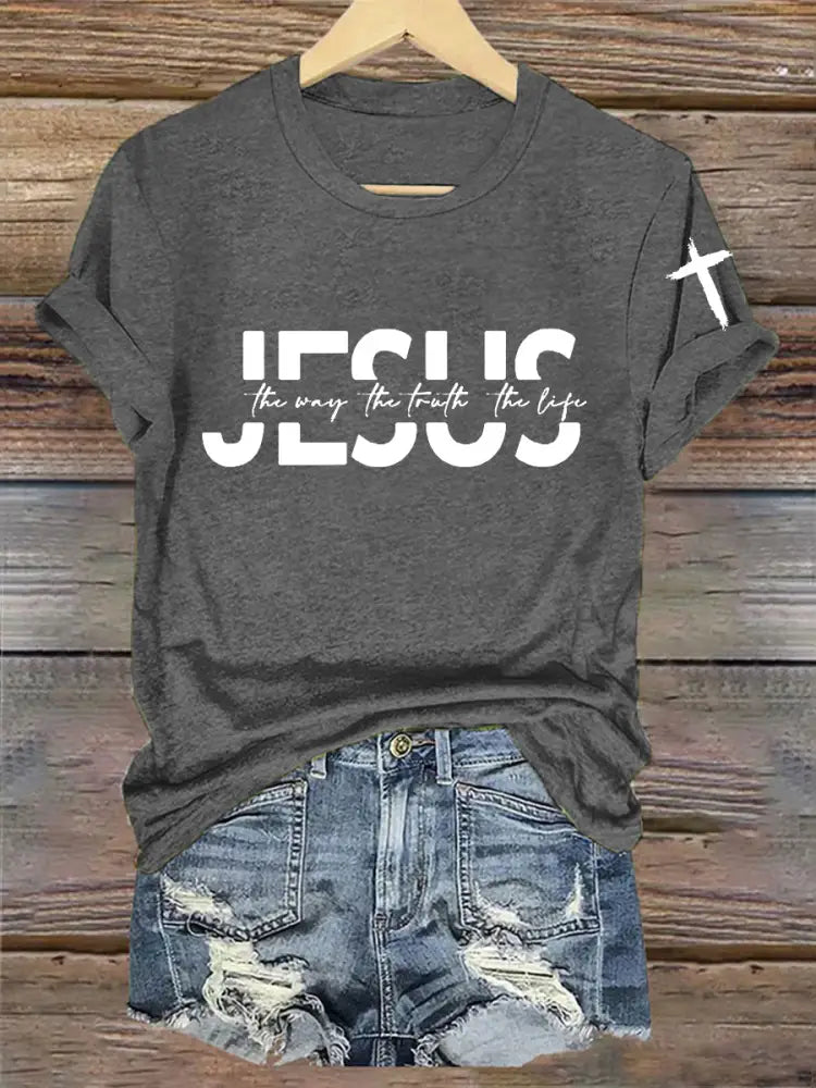 Women’s Faith Cross Jesus The Way The Truth The Life Printed Casual Short Sleeve T-Shirt Dark Gray / S