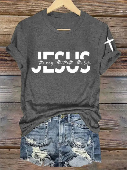 Women’s Faith Cross Jesus The Way The Truth The Life Printed Casual Short Sleeve T-Shirt Dark Gray / S