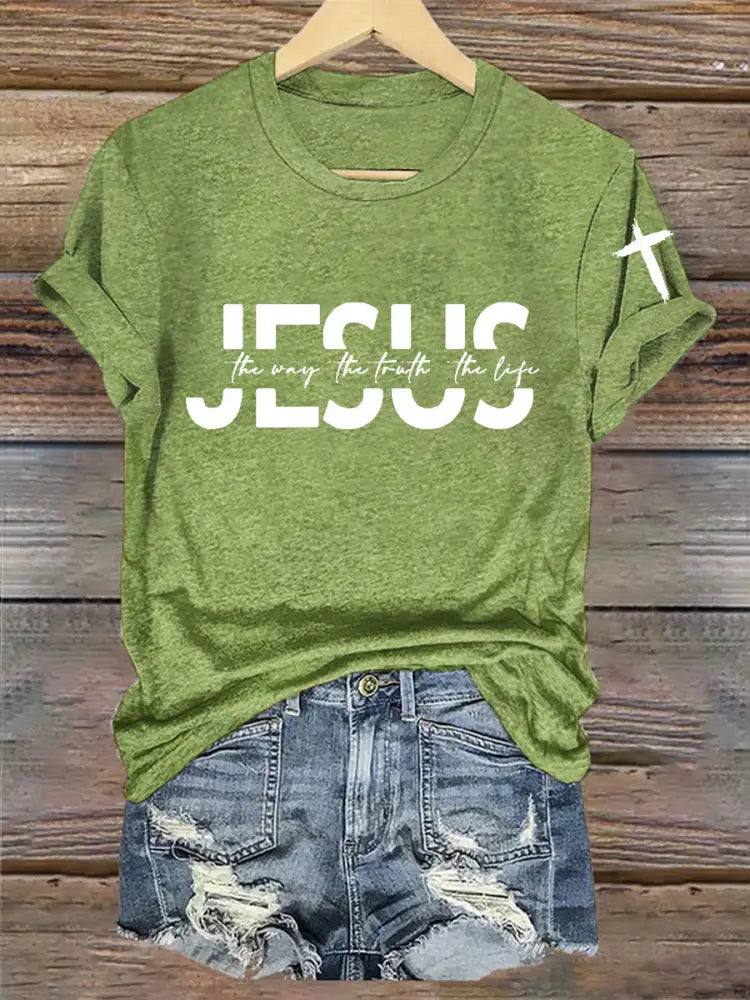 Women’s Faith Cross Jesus The Way The Truth The Life Printed Casual Short Sleeve T-Shirt Green / S