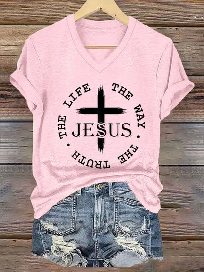 Women’s Faith Cross Jesus The Way The Truth The Life Printed Casual Short Sleeve T-Shirt Light Pink / S