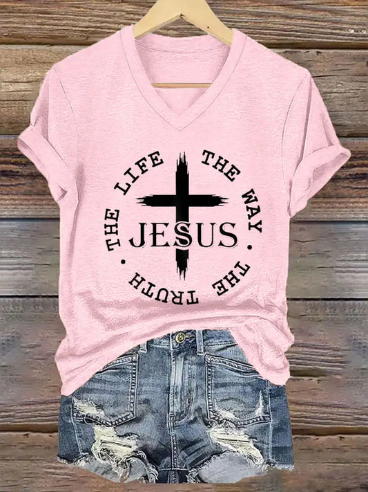 Women’s Faith Cross Jesus The Way The Truth The Life Printed Casual Short Sleeve T-Shirt Light Pink / S