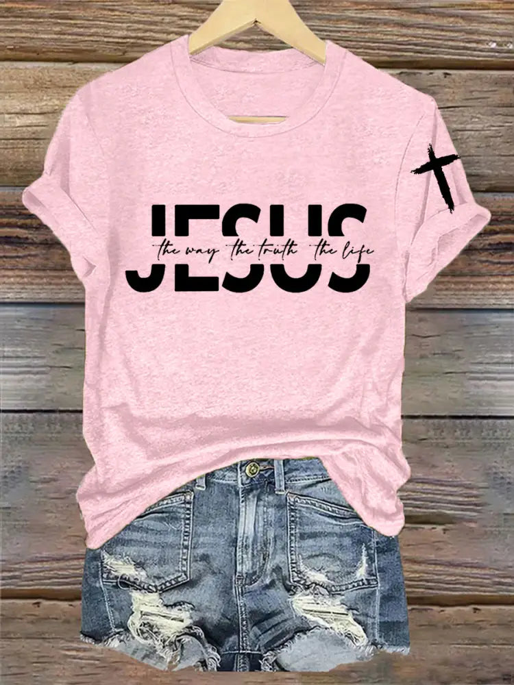 Women’s Faith Cross Jesus The Way The Truth The Life Printed Casual Short Sleeve T-Shirt Light Pink / S