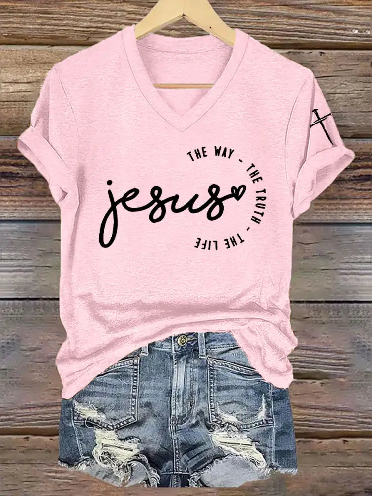 Women’s Faith Cross Jesus The Way The Truth The Life Printed Casual Short Sleeve T-Shirt Light Pink / S