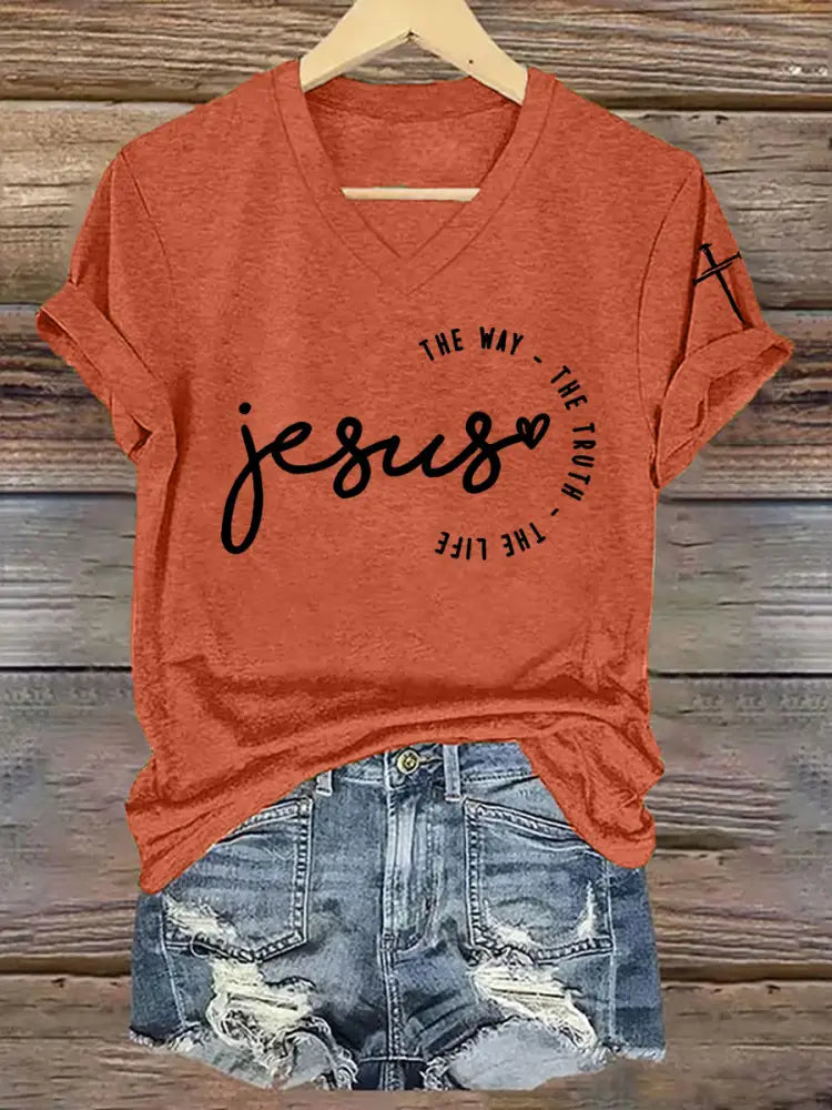 Women’s Faith Cross Jesus The Way The Truth The Life Printed Casual Short Sleeve T-Shirt Pumpkin Orange / S
