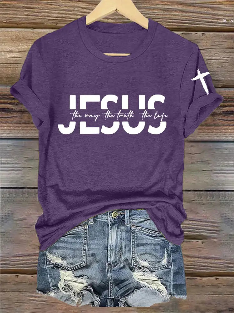 Women’s Faith Cross Jesus The Way The Truth The Life Printed Casual Short Sleeve T-Shirt Purple / S