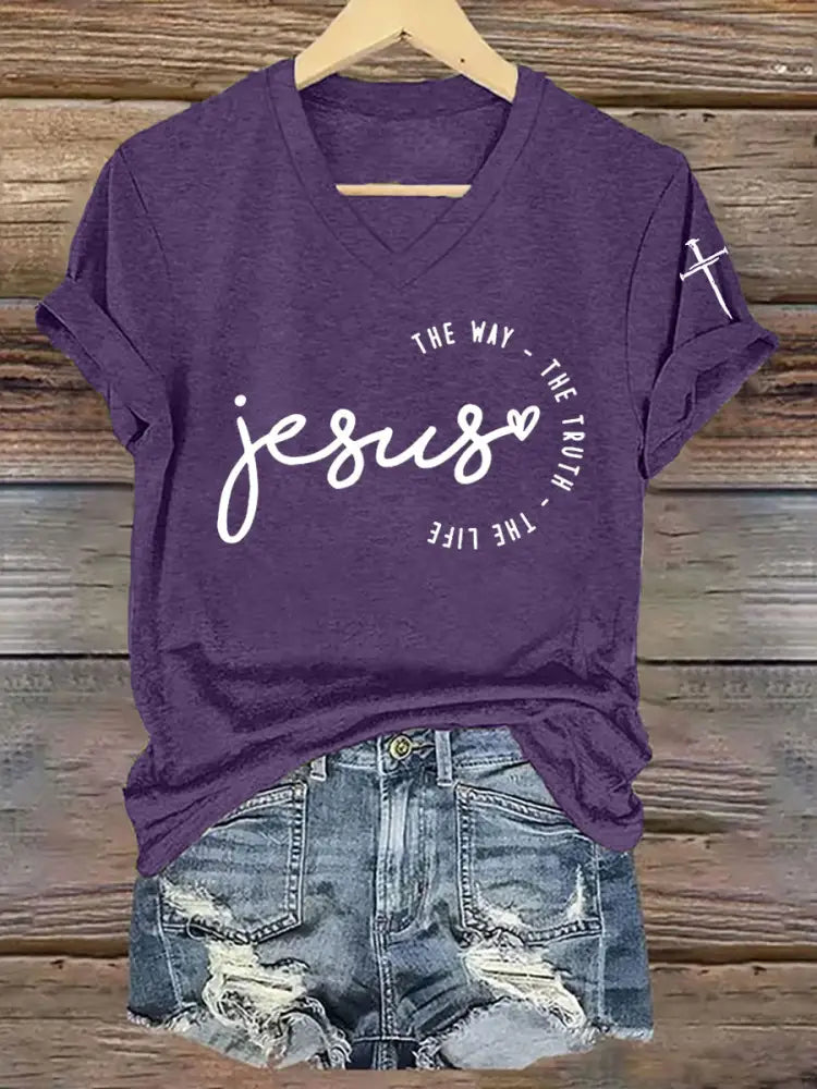 Women’s Faith Cross Jesus The Way The Truth The Life Printed Casual Short Sleeve T-Shirt Purple / S