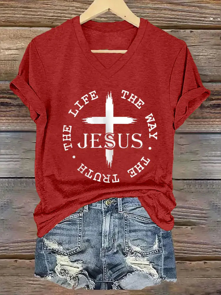 Women’s Faith Cross Jesus The Way The Truth The Life Printed Casual Short Sleeve T-Shirt Red / S