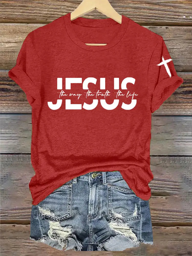 Women’s Faith Cross Jesus The Way The Truth The Life Printed Casual Short Sleeve T-Shirt Red / S