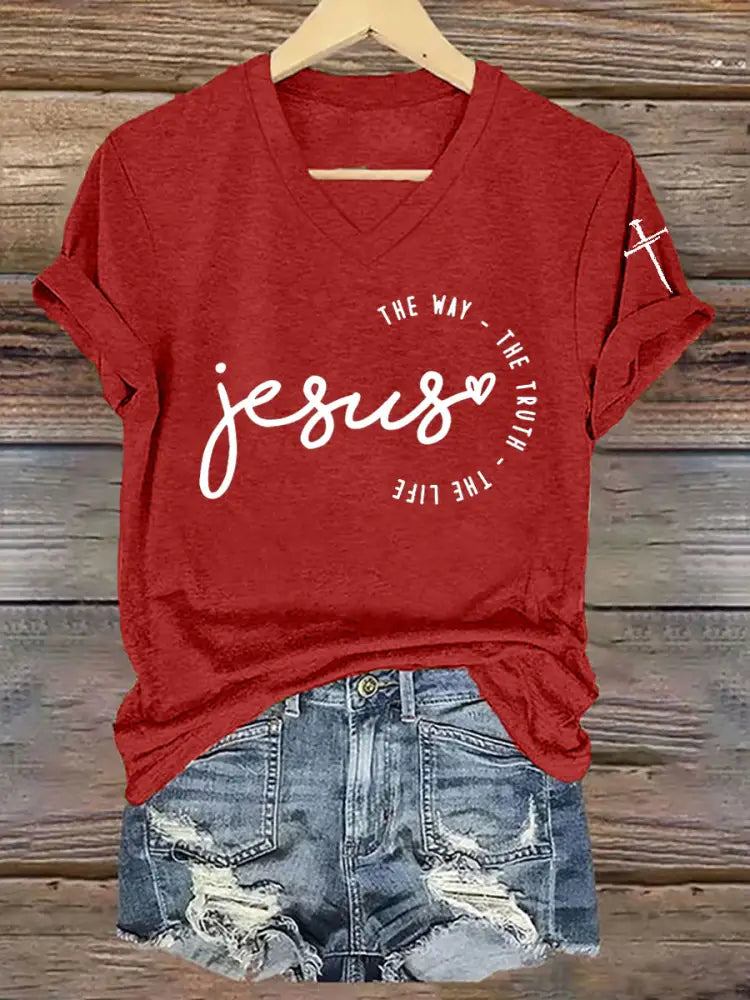 Women’s Faith Cross Jesus The Way The Truth The Life Printed Casual Short Sleeve T-Shirt Red / S