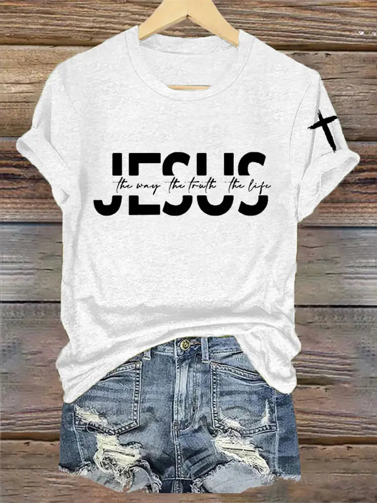 Women’s Faith Cross Jesus The Way The Truth The Life Printed Casual Short Sleeve T-Shirt White / S