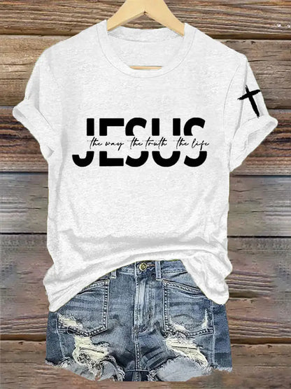 Women’s Faith Cross Jesus The Way The Truth The Life Printed Casual Short Sleeve T-Shirt White / S