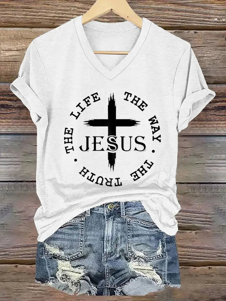 Women’s Faith Cross Jesus The Way The Truth The Life Printed Casual Short Sleeve T-Shirt White / S