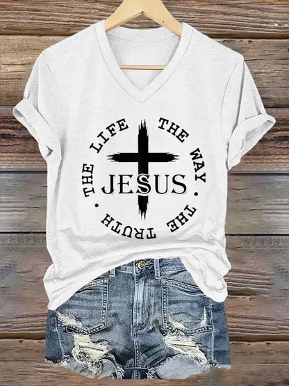 Women’s Faith Cross Jesus The Way The Truth The Life Printed Casual Short Sleeve T-Shirt White / S