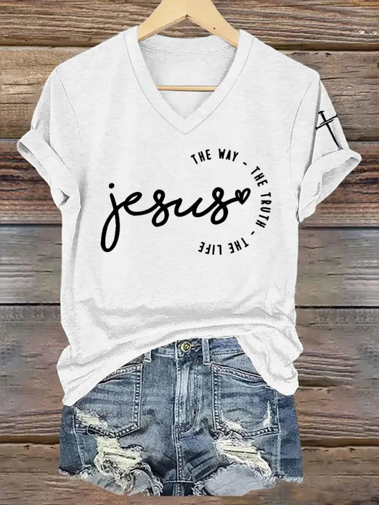 Women’s Faith Cross Jesus The Way The Truth The Life Printed Casual Short Sleeve T-Shirt White / S