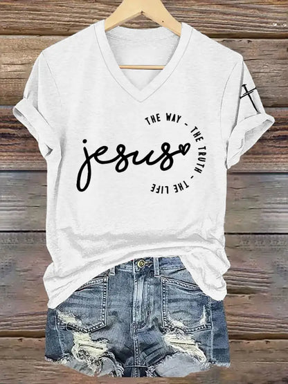 Women’s Faith Cross Jesus The Way The Truth The Life Printed Casual Short Sleeve T-Shirt White / S