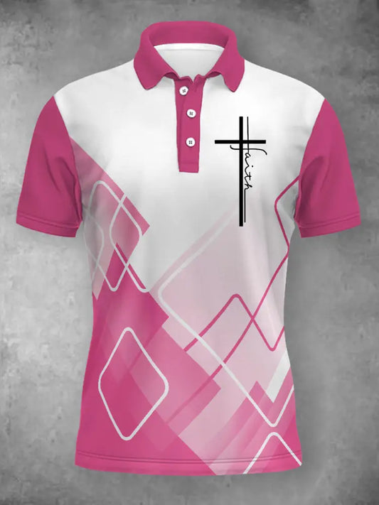 Women’s Faith Cross Print Three Buttons Short Sleeve Polo Pink / S
