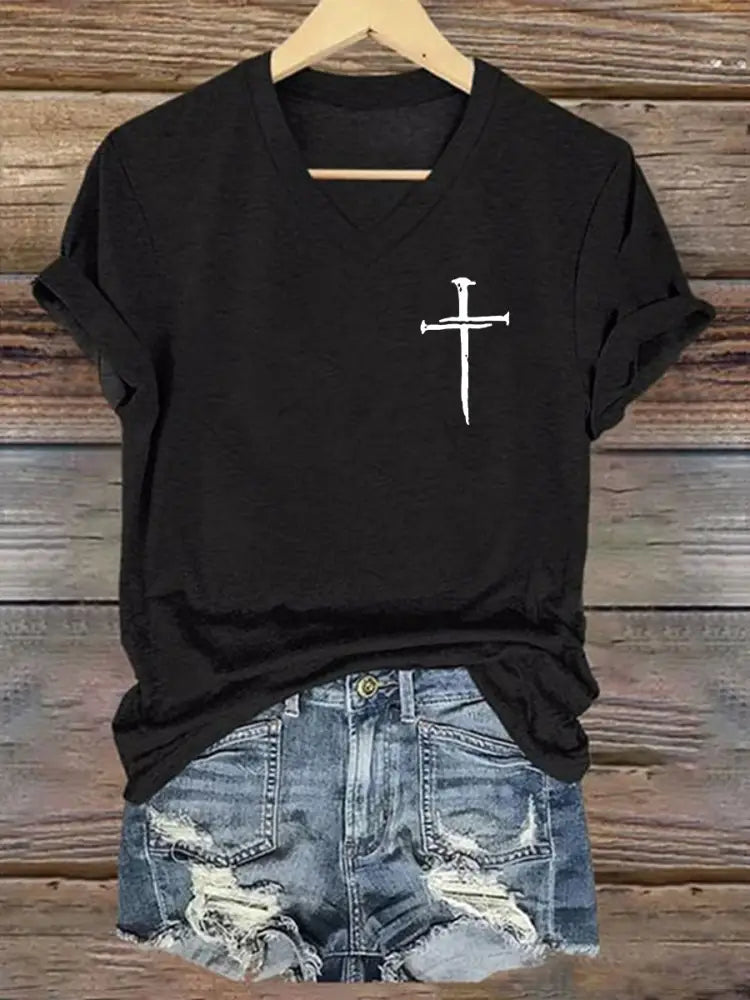 Women’s Faith Cross Printed Casual Short Sleeve T-Shirt Black / S