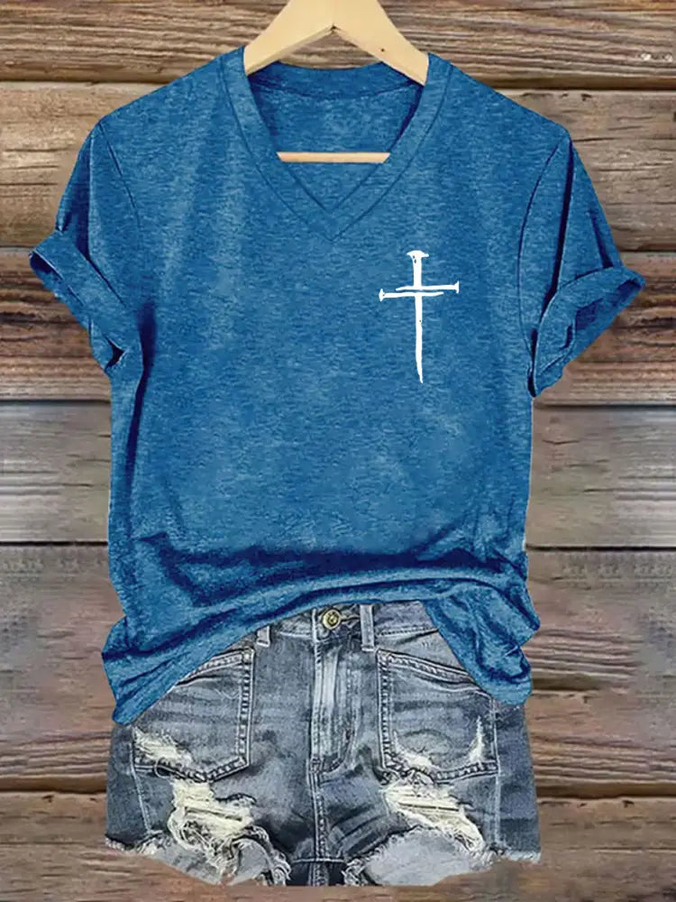 Women’s Faith Cross Printed Casual Short Sleeve T-Shirt Blue / S