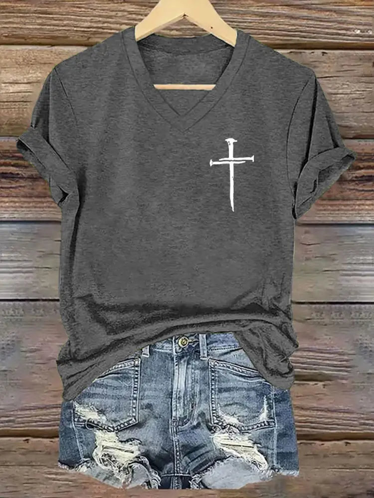 Women’s Faith Cross Printed Casual Short Sleeve T-Shirt Dark Gray / S