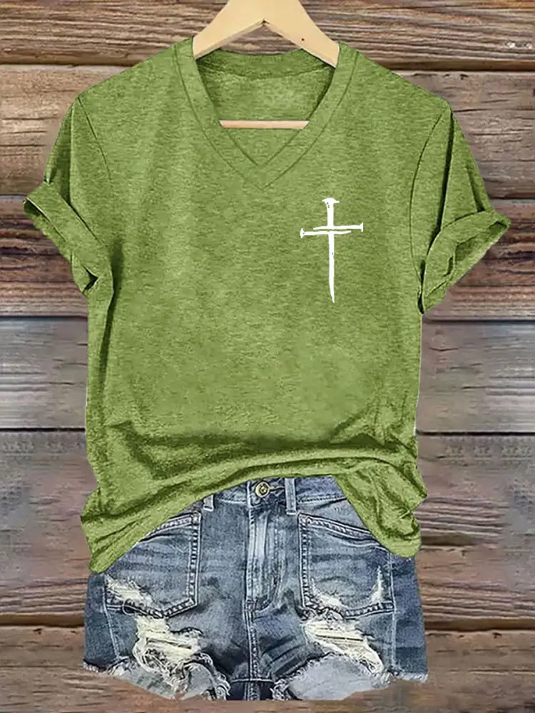 Women’s Faith Cross Printed Casual Short Sleeve T-Shirt Green / S