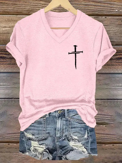Women’s Faith Cross Printed Casual Short Sleeve T-Shirt Light Pink / S