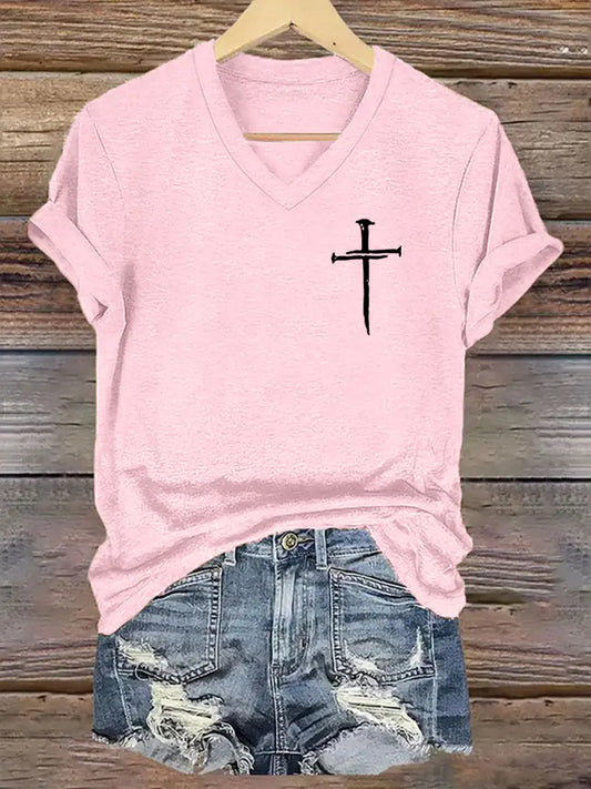 Women’s Faith Cross Printed Casual Short Sleeve T-Shirt Light Pink / S