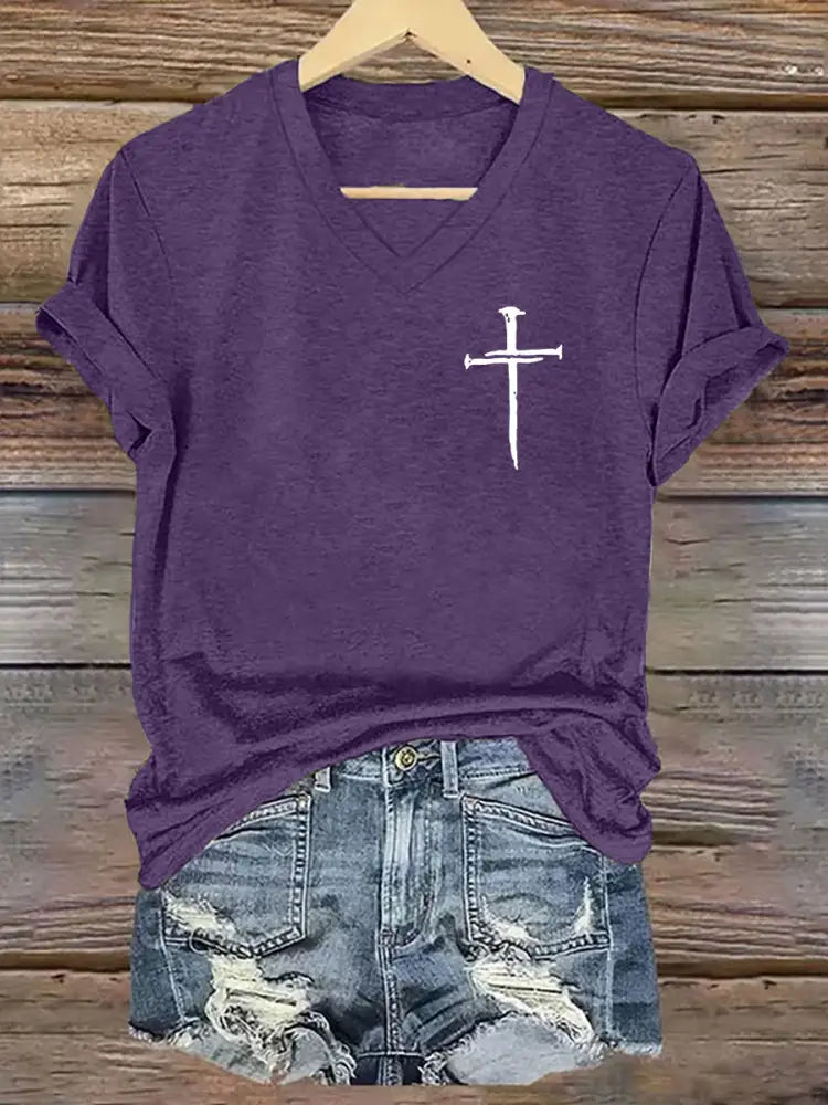 Women’s Faith Cross Printed Casual Short Sleeve T-Shirt Purple / S