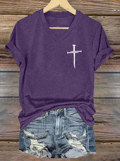 Women’s Faith Cross Printed Casual Short Sleeve T-Shirt Purple / S