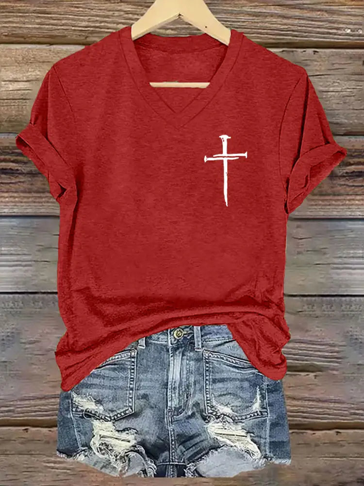 Women’s Faith Cross Printed Casual Short Sleeve T-Shirt Red / S