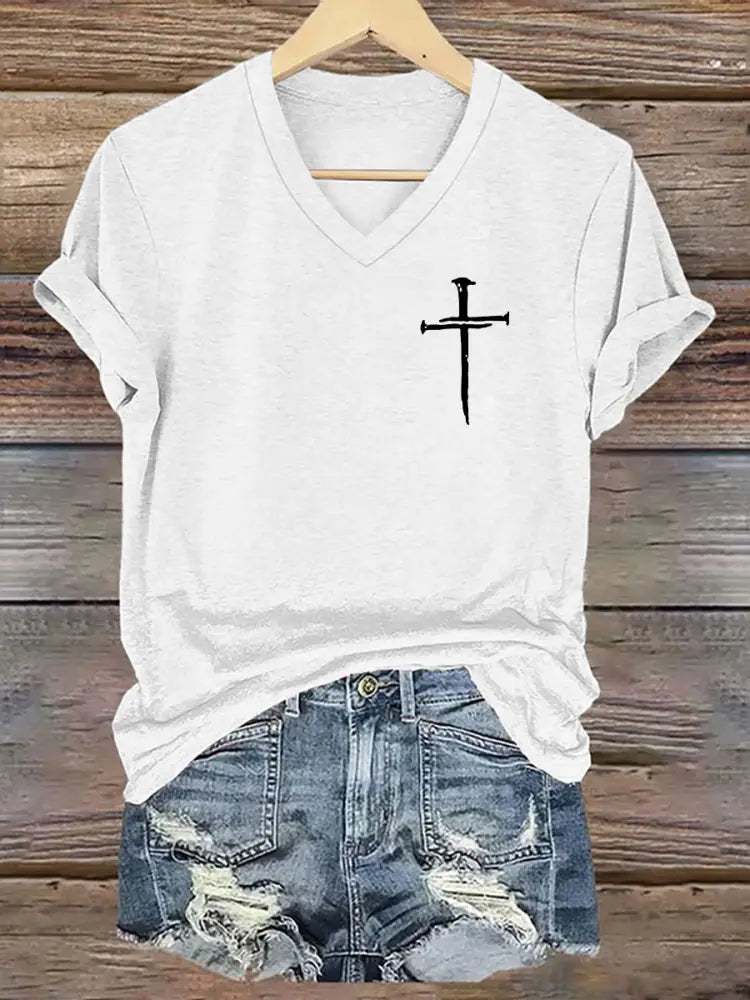 Women’s Faith Cross Printed Casual Short Sleeve T-Shirt White / S