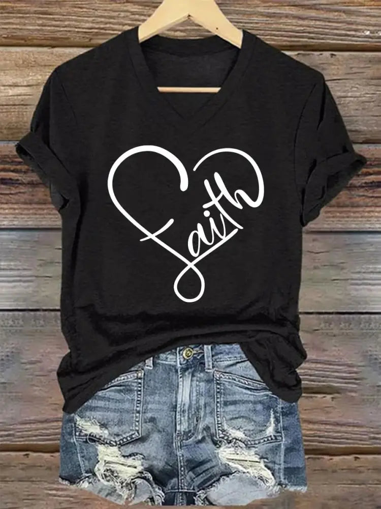 Women’s Faith Love Heart Casual Classic V-Neck Tee Black / S