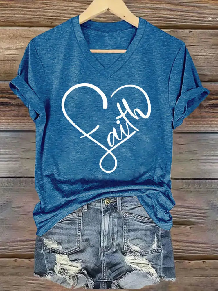 Women’s Faith Love Heart Casual Classic V-Neck Tee Blue / S