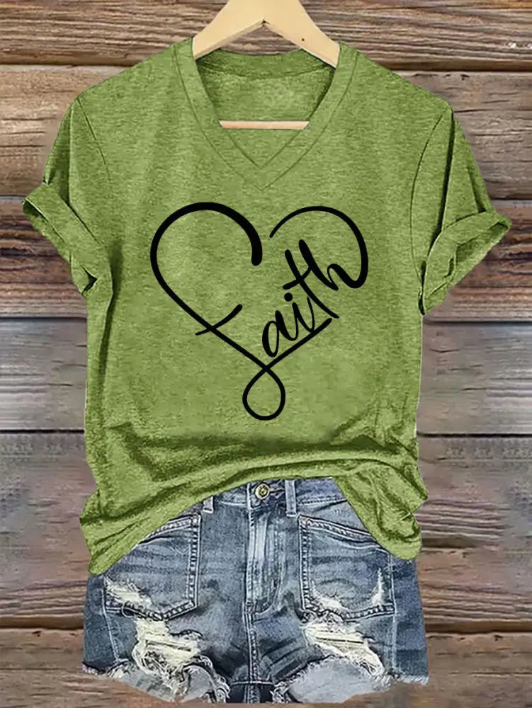 Women’s Faith Love Heart Casual Classic V-Neck Tee Green / S